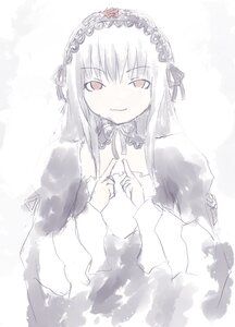 Rating: Safe Score: 0 Tags: 1girl bangs black_dress black_ribbon blush closed_mouth dress eyebrows_visible_through_hair flower frills hairband image juliet_sleeves long_hair long_sleeves looking_at_viewer ribbon rose simple_background smile solo suigintou upper_body white_background User: admin