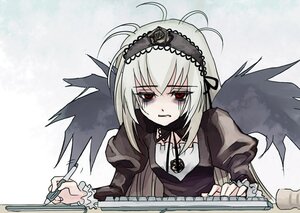 Rating: Safe Score: 0 Tags: 1girl antenna_hair black_wings dress frills holding image juliet_sleeves long_hair long_sleeves puffy_sleeves red_eyes shaded_face solo suigintou wings User: admin