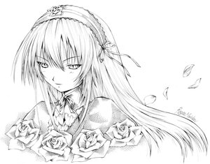 Rating: Safe Score: 0 Tags: 1girl dress flower frills greyscale hairband image long_hair long_sleeves looking_at_viewer monochrome rose simple_background solo suigintou upper_body white_background User: admin