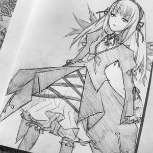 Rating: Safe Score: 0 Tags: 1girl dress frills greyscale image long_hair long_sleeves looking_at_viewer monochrome simple_background solo standing suigintou traditional_media wings User: admin