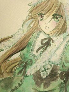 Rating: Safe Score: 0 Tags: 1girl black_ribbon brown_hair dress flower frills green_dress green_eyes image long_hair open_mouth ribbon simple_background solo suiseiseki traditional_media very_long_hair watercolor_(medium) User: admin