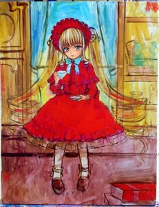 Rating: Safe Score: 0 Tags: 1girl blonde_hair blue_eyes bonnet bow bowtie cup dress full_body image long_hair long_sleeves looking_at_viewer photo red_dress shinku shoes solo teacup traditional_media twintails very_long_hair window User: admin