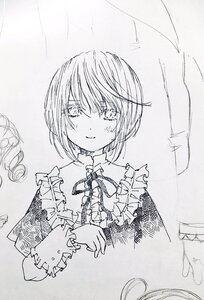 Rating: Safe Score: 0 Tags: 1girl blush choker closed_mouth eyebrows_visible_through_hair frills greyscale image long_sleeves looking_at_viewer monochrome short_hair sketch smile solo souseiseki tears traditional_media upper_body User: admin