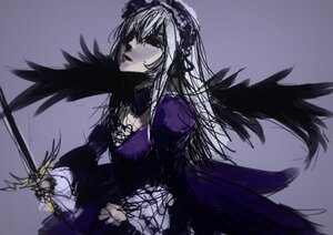 Rating: Safe Score: 0 Tags: 1girl black_wings dress flower gradient gradient_background hairband holding_weapon image long_hair long_sleeves rose solo suigintou sword weapon wings User: admin
