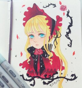 Rating: Safe Score: 0 Tags: 1girl blonde_hair blue_eyes bonnet bow flower image long_hair marker_(medium) petals photo pink_flower pink_rose red_flower red_rose rose rose_petals shinku solo traditional_media twintails User: admin