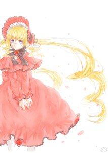 Rating: Safe Score: 0 Tags: 1girl blonde_hair blue_eyes bonnet bow capelet dress flower image long_hair long_sleeves looking_at_viewer petals rose shinku simple_background solo striped twintails very_long_hair User: admin