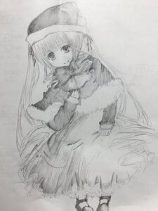 Rating: Safe Score: 0 Tags: 1girl boots bow bowtie capelet dress full_body fur_trim greyscale hat image long_hair long_sleeves looking_at_viewer monochrome shinku sketch smile solo standing traditional_media very_long_hair User: admin