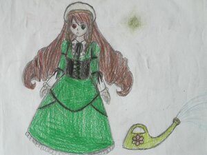 Rating: Safe Score: 0 Tags: 1girl dress drill_hair green_dress hat heterochromia hong_meiling image long_hair long_sleeves looking_at_viewer red_eyes solo suiseiseki traditional_media very_long_hair watering_can User: admin