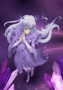 Rating: Safe Score: 0 Tags: 1girl barasuishou dress full_body hair_ornament image long_hair long_sleeves purple_dress ribbon silver_hair solo standing very_long_hair yellow_eyes User: admin