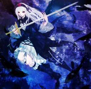 Rating: Safe Score: 0 Tags: 1girl dress flower frilled_sleeves frills hairband holding holding_sword holding_weapon image long_hair long_sleeves red_eyes ribbon solo suigintou sword weapon white_hair wings User: admin