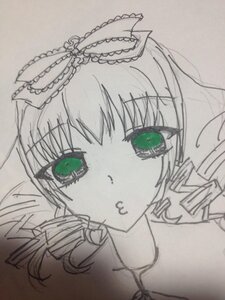 Rating: Safe Score: 0 Tags: 1girl bangs blush bow eyebrows_visible_through_hair green_eyes hinaichigo image looking_at_viewer monochrome portrait simple_background solo spot_color traditional_media User: admin