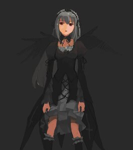 Rating: Safe Score: 0 Tags: 1girl auto_tagged black_dress black_wings boots choker dress expressionless frills hairband image juliet_sleeves knee_boots long_hair long_sleeves looking_at_viewer red_eyes ribbon silver_hair simple_background solo standing suigintou wings User: admin