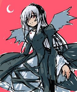 Rating: Safe Score: 0 Tags: 1girl black_dress dress image long_hair long_sleeves looking_at_viewer moon red_background red_eyes simple_background solo suigintou wings User: admin