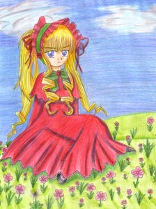 Rating: Safe Score: 0 Tags: 1girl blonde_hair blue_eyes bonnet dress drill_hair field flower image long_hair long_sleeves looking_at_viewer pink_flower red_dress shinku sitting solo traditional_media twin_drills very_long_hair User: admin