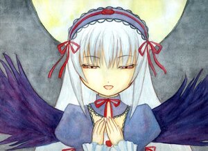 Rating: Safe Score: 0 Tags: 1girl black_wings detached_collar dress frills full_moon hairband image juliet_sleeves lolita_hairband long_hair long_sleeves looking_at_viewer moon night puffy_sleeves red_eyes silver_hair smile solo suigintou traditional_media upper_body wings User: admin