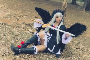 Rating: Safe Score: 0 Tags: 1girl blue_eyes boots dress flower frills long_hair long_sleeves on_ground sitting solo suigintou white_hair User: admin