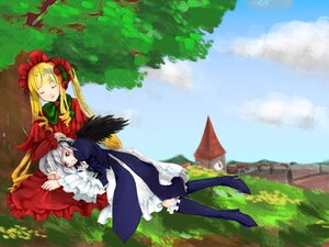 Rating: Safe Score: 0 Tags: 2girls black_wings blonde_hair bonnet boots bow closed_eyes dress frills hat image knee_boots long_hair long_sleeves lying multiple_girls pair red_dress red_eyes shinku silver_hair sky sleeping suigintou wings User: admin