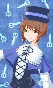 Rating: Safe Score: 0 Tags: 1girl ? blue_background brown_hair capelet green_eyes hat heterochromia image long_sleeves looking_at_viewer red_eyes ribbon short_hair smile solo souseiseki top_hat User: admin