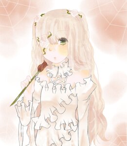 Rating: Safe Score: 0 Tags: 1girl bangs blush dress eyepatch flower frills green_eyes holding image kirakishou long_hair long_sleeves rose solo upper_body white_dress white_hair User: admin