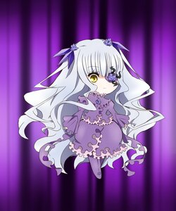 Rating: Safe Score: 0 Tags: 1girl bangs barasuishou chibi dress eyepatch flower frills full_body image long_hair long_sleeves purple_dress purple_flower rose silver_hair solo standing very_long_hair yellow_eyes User: admin