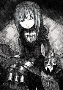Rating: Safe Score: 0 Tags: 1girl blunt_bangs choker closed_eyes closed_mouth dress frills greyscale image long_hair long_sleeves monochrome sitting smile solo suigintou User: admin