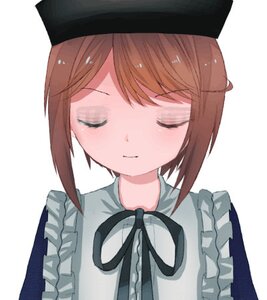 Rating: Safe Score: 0 Tags: 1girl apron bangs black_headwear black_ribbon blush brown_hair closed_eyes closed_mouth dress eyebrows_visible_through_hair facing_viewer frilled_apron frills hat image ribbon short_hair simple_background solo souseiseki striped upper_body white_apron white_background User: admin