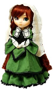 Rating: Safe Score: 0 Tags: 1girl bangs brown_hair capelet doll dress frills green_dress long_hair long_sleeves looking_at_viewer simple_background solo striped suiseiseki white_background User: admin