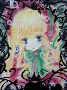 Rating: Safe Score: 0 Tags: 1girl bangs blonde_hair blue_eyes dress flower image long_hair looking_at_viewer ribbon rose shinku solo tears traditional_media User: admin