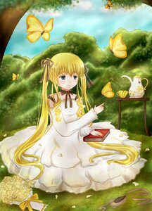 Rating: Safe Score: 0 Tags: 1girl animal bird blonde_hair blue_butterfly blue_eyes book bug butterfly butterfly_hair_ornament butterfly_net choker dragonfly dress flower hand_net image insect long_hair nature ribbon shinku sitting solo squiggle tree twintails very_long_hair water yellow_flower User: admin