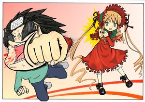 Rating: Safe Score: 0 Tags: 1boy 1girl blonde_hair bonnet dress green_eyes image long_hair long_sleeves open_mouth pants red_dress shinku solo teeth twintails User: admin