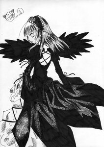 Rating: Safe Score: 0 Tags: 1girl black_wings dress frills greyscale hairband image long_hair long_sleeves looking_at_viewer monochrome solo suigintou wings User: admin