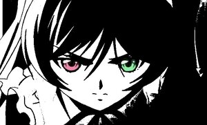 Rating: Safe Score: 0 Tags: 1girl bags_under_eyes green_eyes hair_between_eyes image long_hair looking_at_viewer monochrome parted_lips simple_background solo spot_color suiseiseki twintails User: admin