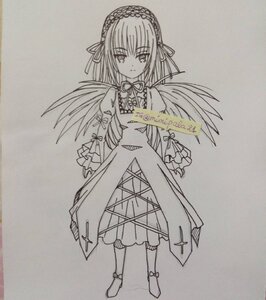 Rating: Safe Score: 0 Tags: 1girl boots dress frills full_body greyscale hairband image long_hair long_sleeves looking_at_viewer monochrome photo ribbon simple_background solo standing suigintou traditional_media very_long_hair wings User: admin