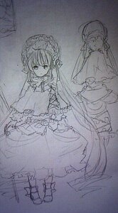 Rating: Safe Score: 0 Tags: 2girls bonnet boots capelet dress frills image long_hair long_sleeves looking_at_viewer monochrome multiple_girls shinku sketch solo standing traditional_media twintails very_long_hair wide_sleeves User: admin