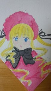 Rating: Safe Score: 0 Tags: 1girl :o bangs blonde_hair blue_eyes bonnet bow bowtie dress hat image long_hair long_sleeves looking_at_viewer photo red_dress shinku solo traditional_media User: admin