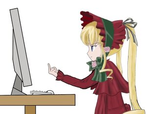 Rating: Safe Score: 0 Tags: 1girl blonde_hair blue_eyes bonnet bow bowtie cup dress flower green_bow image index_finger_raised long_hair long_sleeves looking_afar pointing red_dress rose shinku simple_background solo twintails white_background User: admin