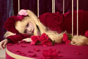 Rating: Safe Score: 0 Tags: 1girl blonde_hair blue_eyes bow dress flower lips long_hair lying pink_bow pink_flower pink_rose red_dress red_flower red_rose rose shinku solo User: admin