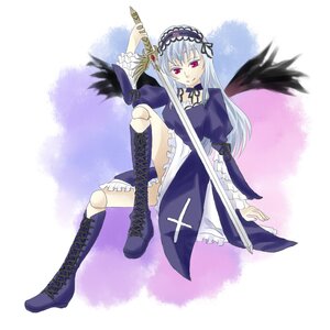 Rating: Safe Score: 0 Tags: 1girl black_wings boots cross-laced_footwear dress feathers frills full_body hairband image knee_boots lace-up_boots lolita_hairband long_hair long_sleeves looking_at_viewer red_eyes ribbon rose silver_hair sitting solo suigintou sword weapon wings User: admin