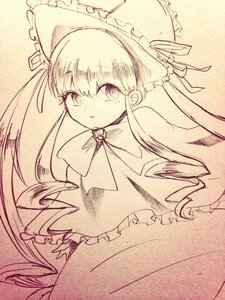 Rating: Safe Score: 0 Tags: 1girl bow dress eyebrows_visible_through_hair frills hat image long_hair looking_at_viewer monochrome shinku solo traditional_media User: admin