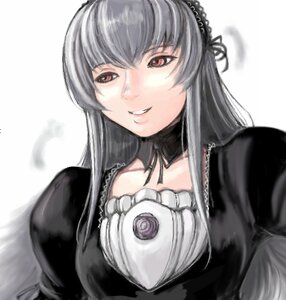 Rating: Safe Score: 0 Tags: 1girl black_dress dress frills gothic_lolita hairband image lolita_fashion long_hair long_sleeves looking_at_viewer rozen_maiden silver_hair smile solo suigintou tsuda_nanafushi upper_body white_background User: admin