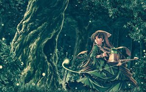 Rating: Safe Score: 0 Tags: 1girl brown_hair dress flower green_dress green_eyes holding image long_hair long_sleeves monster_girl nature plant solo suiseiseki tree very_long_hair wakasagihime User: admin