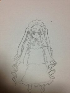 Rating: Safe Score: 0 Tags: 1girl dress frills full_body greyscale image long_hair long_sleeves looking_at_viewer monochrome photo shinku solo standing traditional_media twintails very_long_hair User: admin