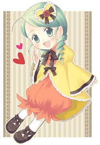 Rating: Safe Score: 0 Tags: 1girl :d dress drill_hair green_eyes green_hair heart heart_hair_ornament image kanaria long_sleeves open_mouth pantyhose ribbon shoes smile solo striped twin_drills User: admin