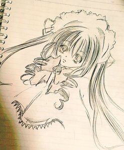 Rating: Safe Score: 0 Tags: 1girl bonnet drill_hair flower hat image long_hair long_sleeves looking_at_viewer monochrome photo rose shinku simple_background solo traditional_media twin_drills twintails upper_body very_long_hair User: admin