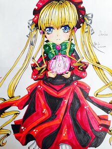 Rating: Safe Score: 0 Tags: 1girl bangs blonde_hair blue_eyes blush bow dated dress holding image long_hair long_sleeves looking_at_viewer marker_(medium) red_dress shinku solo traditional_media twintails User: admin