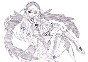 Rating: Safe Score: 0 Tags: 1girl bangs dress frills full_body greyscale image kneehighs long_hair long_sleeves looking_at_viewer monochrome puffy_sleeves sitting solo suigintou traditional_media wings User: admin