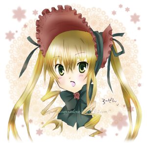 Rating: Safe Score: 0 Tags: 1girl blonde_hair blush bonnet bow bowtie green_eyes hair_ribbon image long_hair looking_at_viewer open_mouth ribbon shinku solo twintails User: admin