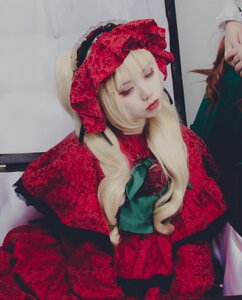 Rating: Safe Score: 0 Tags: 1girl bangs blonde_hair blue_eyes dress flower lace lips long_hair long_sleeves looking_at_viewer photo realistic red_dress shinku solo User: admin