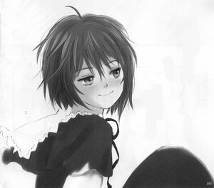 Rating: Safe Score: 0 Tags: 1girl antenna_hair blush dress greyscale image looking_at_viewer looking_back monochrome short_hair smile solo souseiseki upper_body wings User: admin
