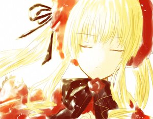 Rating: Safe Score: 0 Tags: 1girl auto_tagged blonde_hair blush bow closed_eyes flower image long_hair rose shinku simple_background solo twintails User: admin